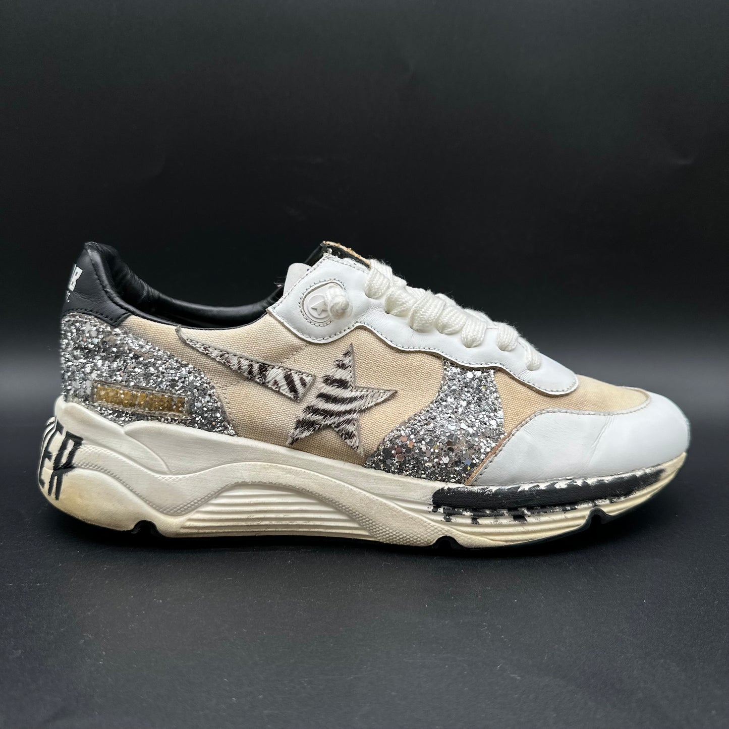 Golden Goose Running - Beige Noir Zèbre Argent Paillettes K49