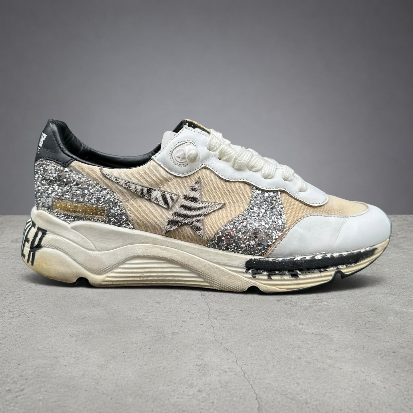 Golden Goose Running - Beige Noir Zèbre Argent Paillettes K49