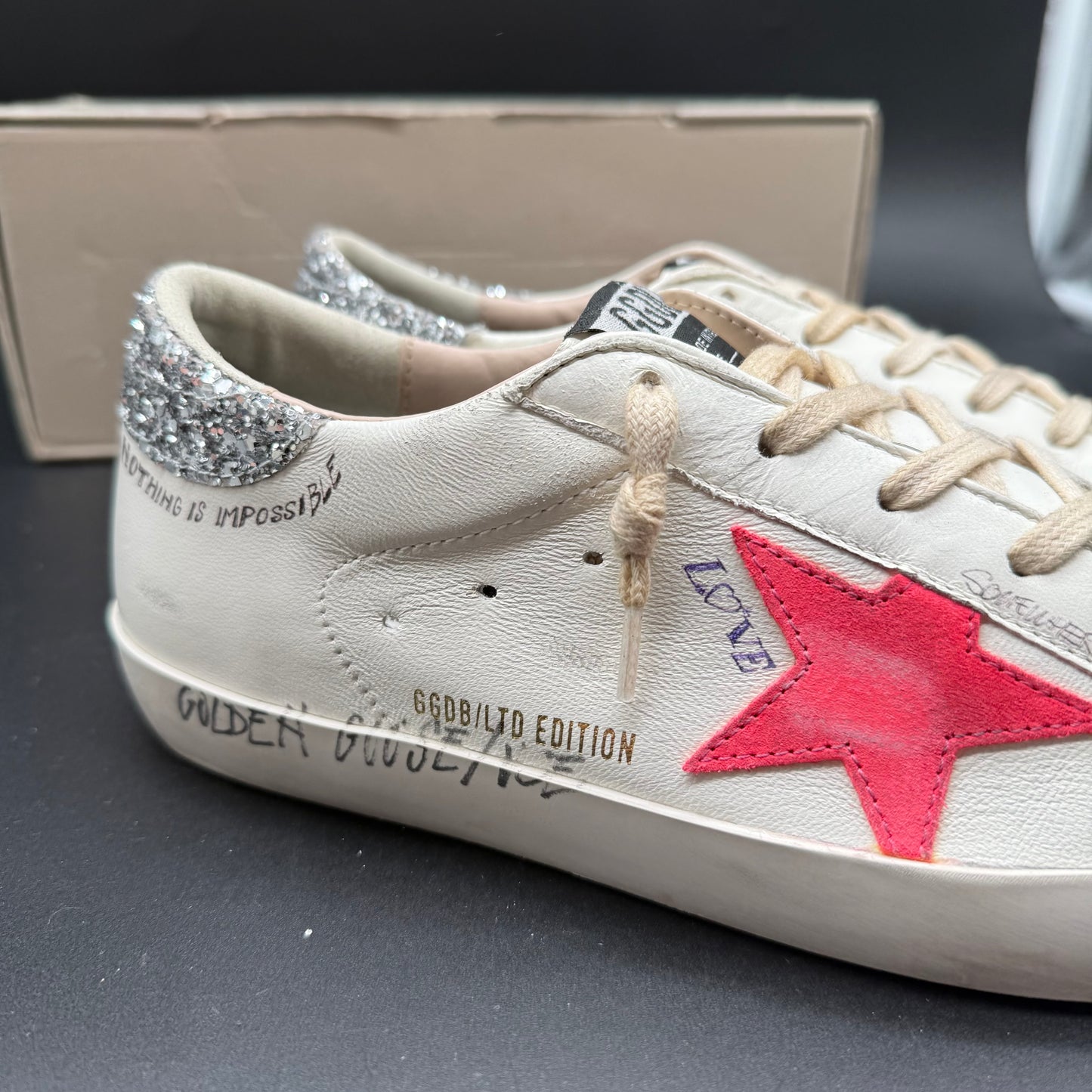 Golden Goose Superstar - Blanc Rose Paillette Argent C1338